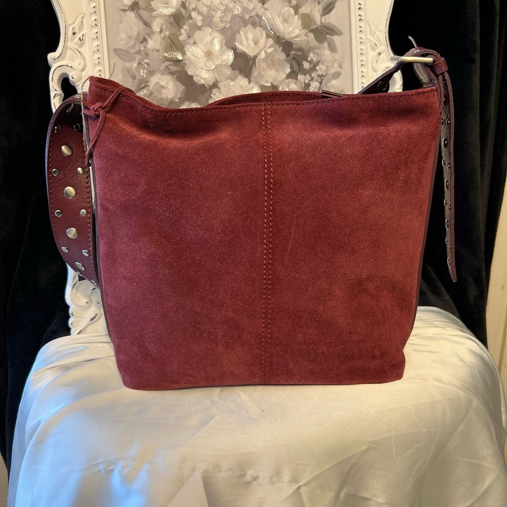 🍷MADE IN INDIA Suede Studded Hobo Elegant Burgundy Shoulder Bag🍷NWT - Picture 12 of 17